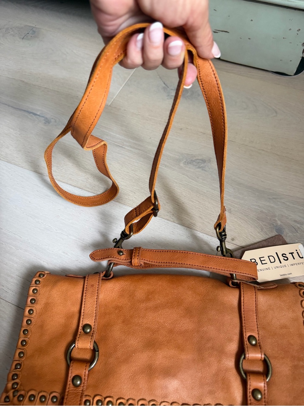 BED|STU Tan Leather Studded Messenger Bag with Adjustable Strap - Picture 6 of 12